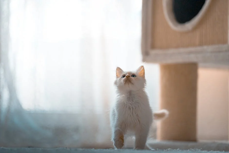 Cute white kitten looking up inside a cozy room near a cat tree. - aesthetic names for white kittens
