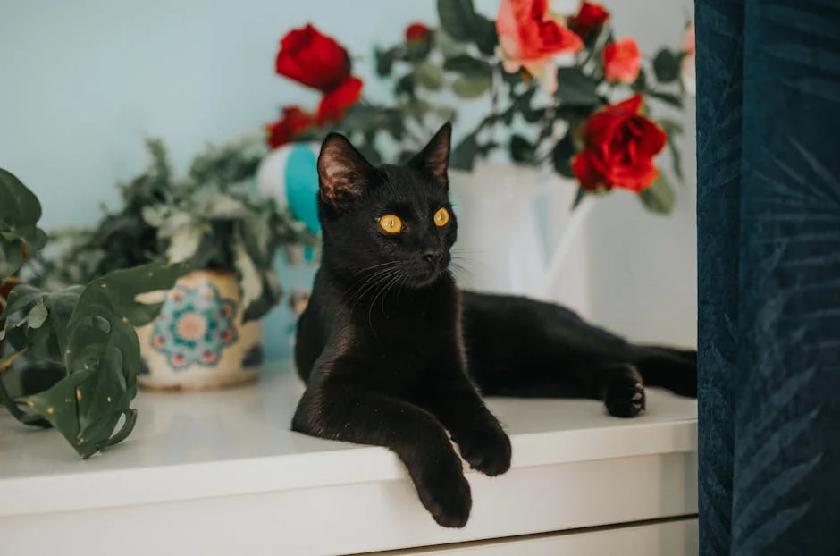 A black cat with striking yellow eyes rests on a table near vibrant red roses. - aesthetic pet names