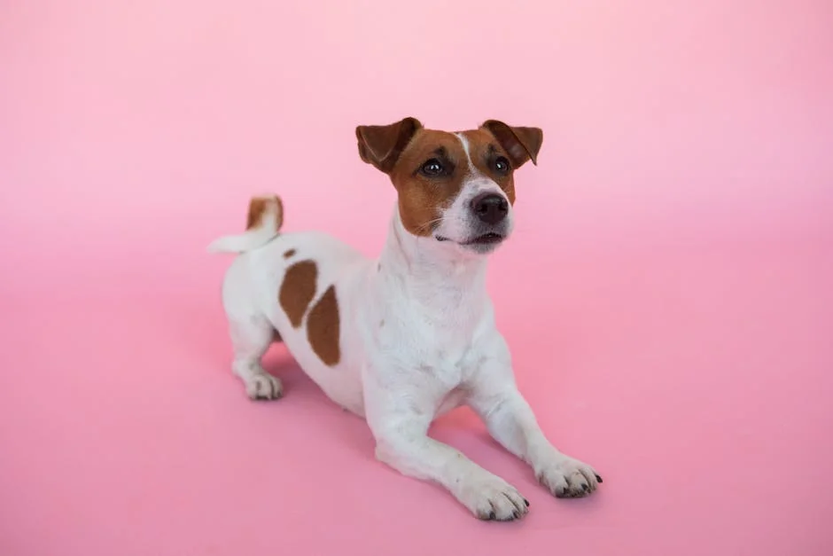 A Jack Russell Terrier lying on a vibrant pink backdrop, showcasing its playful nature. - aesthetic pet names