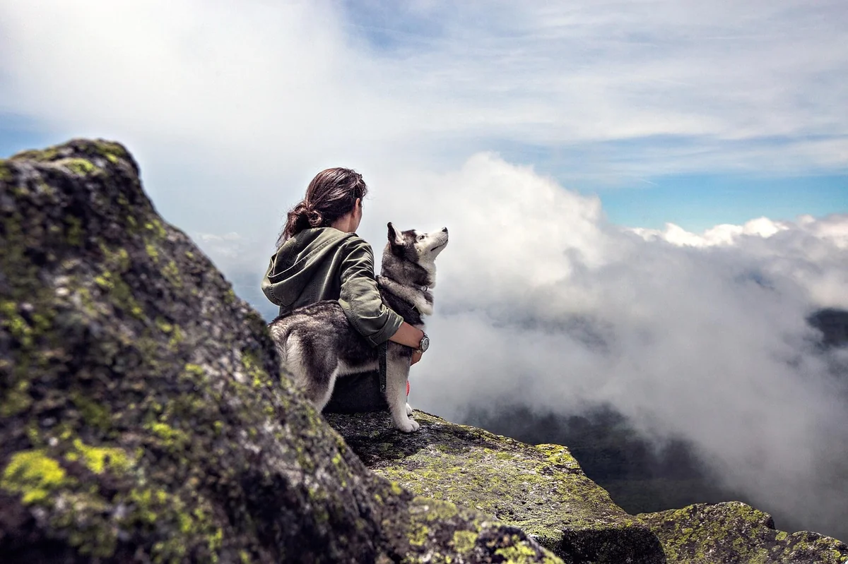 sky, woman, clouds, girl, animal, rocks, mountain, dog, stones, adventure, nature, lookout, pet, husky - anime inspired dog names for huskies