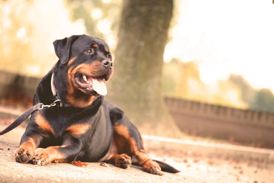 A Rottweiler laying on the ground, outdoors on a sunny day. - badass guard dog names for rottweilers