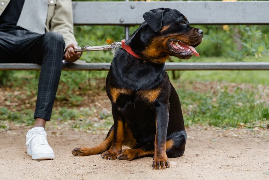 A Rottweiler dog sitting on a leash beside its owner on a park bench. - badass guard dog names for rottweilers