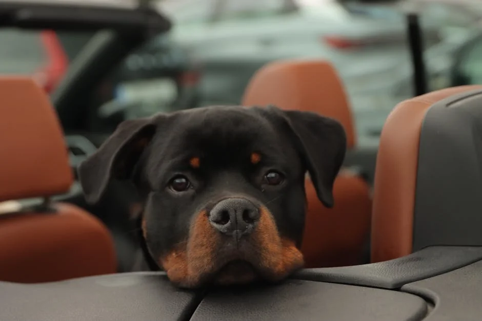 Adorable Rottweiler dog resting its head in a convertible car seat, outdoors. - badass guard dog names for rottweilers