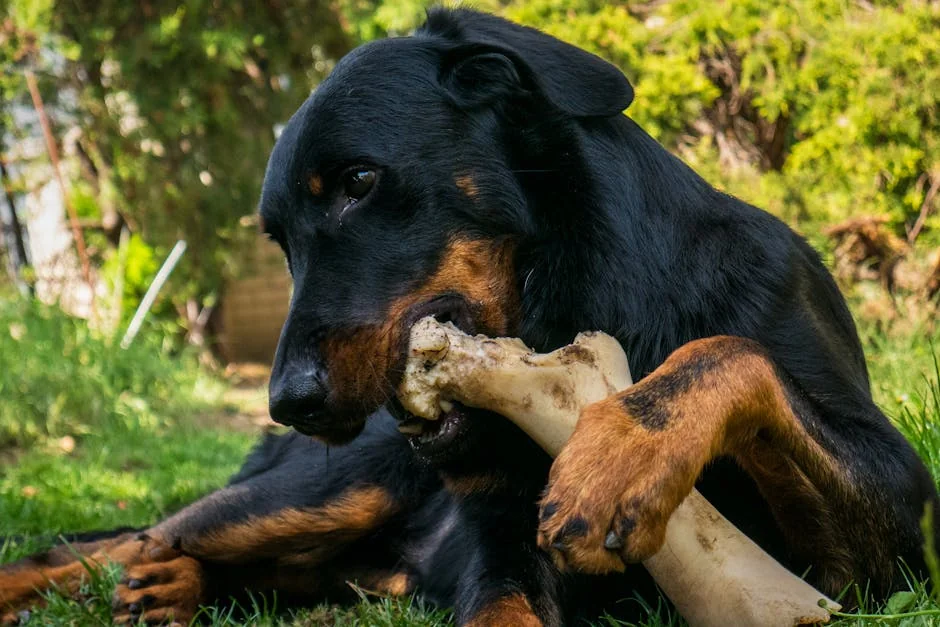 A Rottweiler gnawing on a large bone in a grassy outdoor setting, showcasing its strong jaw and playful nature. - badass guard dog names for rottweilers