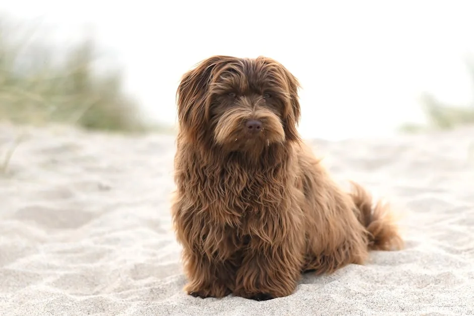 A fluffy brown dog sitting on the sand at a beach, enjoying a serene outdoor setting. - brown dog names unique
