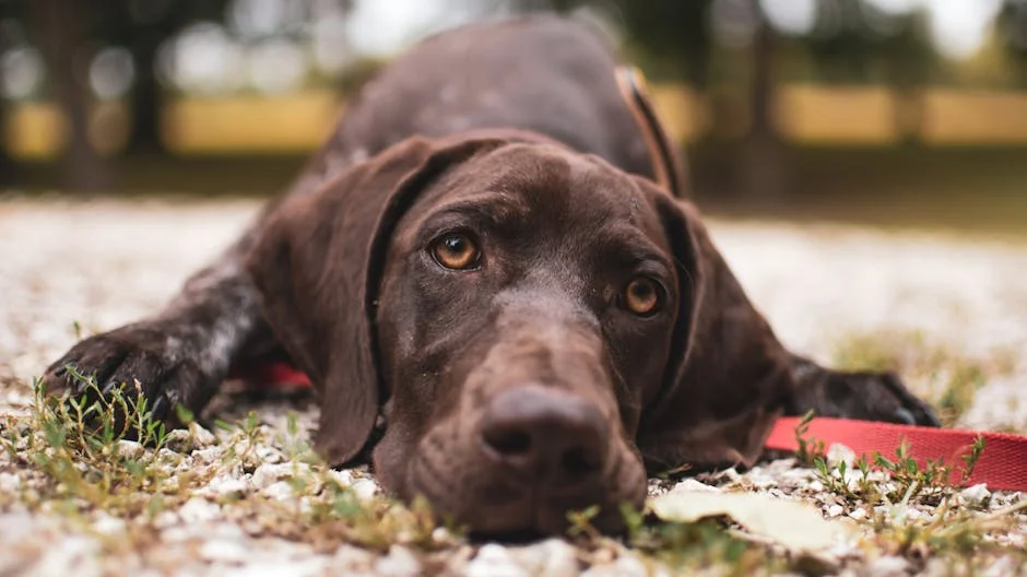 Close-up shot of a German Shorthaired Pointer resting on a gravel path outdoors. - brown dog names unique