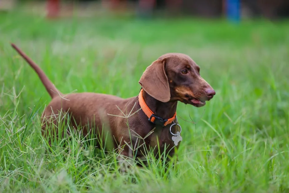 Brown dachshund with orange collar explores a grassy field, full of curiosity and charm. - brown dog names unique
