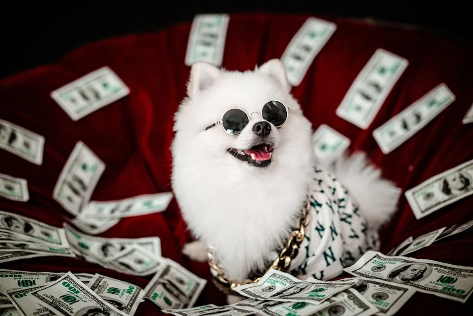 A white Pomeranian dog in sunglasses sits among dollar bills, exuding luxury and style. - celebrity pet names