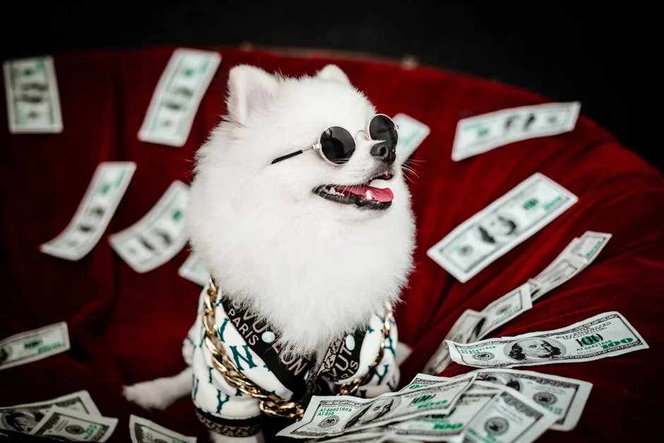 Stylish Pomeranian in sunglasses poses with dollar bills. A playful studio portrait. - celebrity pet names