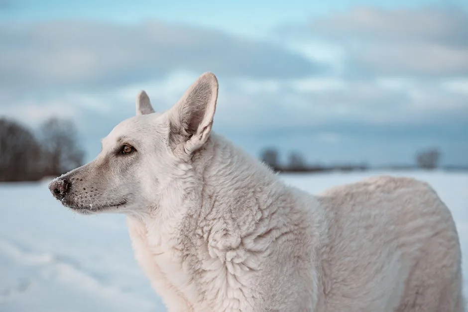 Profile of a white shepherd dog in a snowy field with a serene winter landscape. - celestial names for white dogs