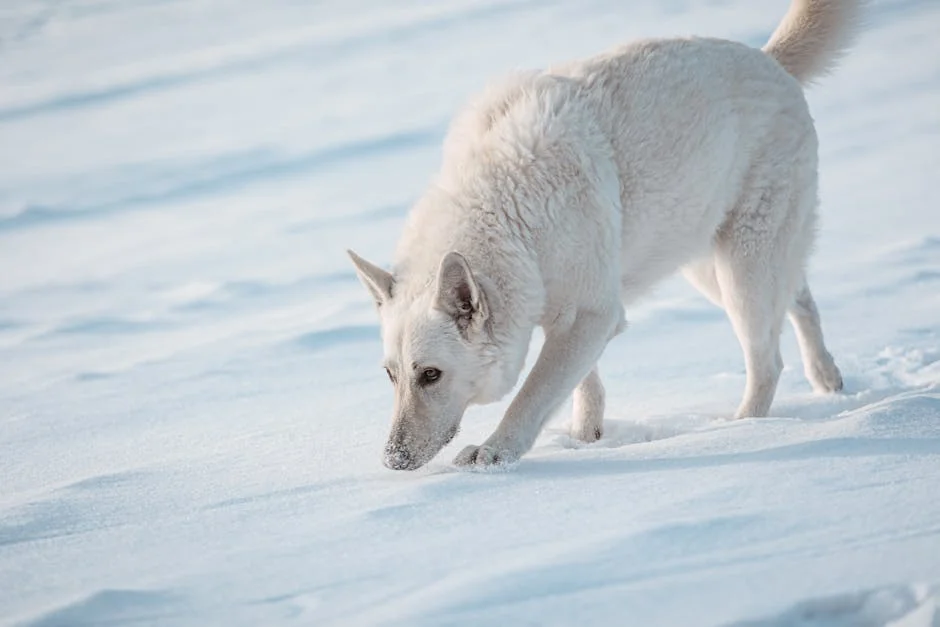 A white dog curiously sniffs the snow in a serene winter setting, displaying its playful nature. - celestial names for white dogs