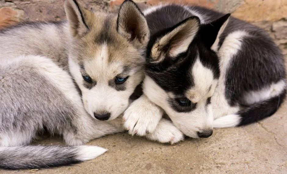 Close-up of two Siberian Husky puppies lying together, showcasing their adorable blue eyes. - cool husky names