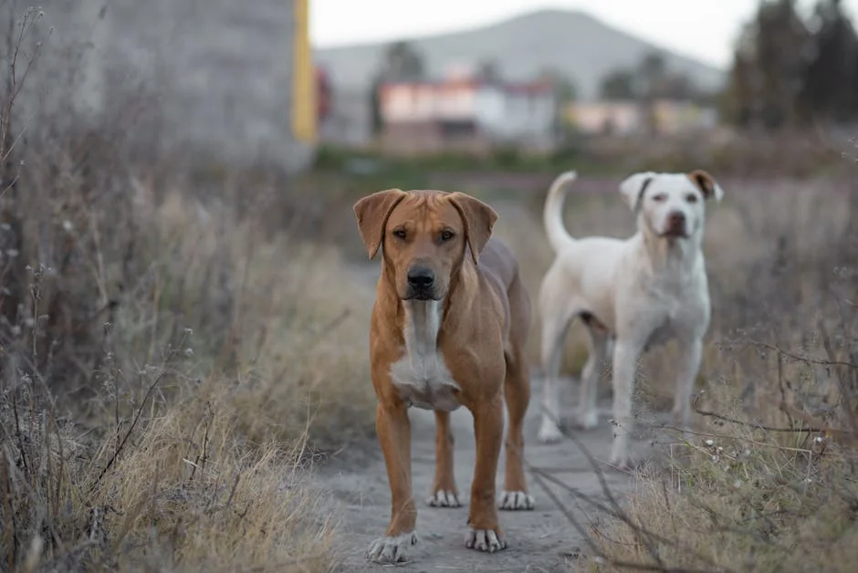 Two dogs standing on a countryside path, amidst dry grass, looking towards the camera. - country dog names