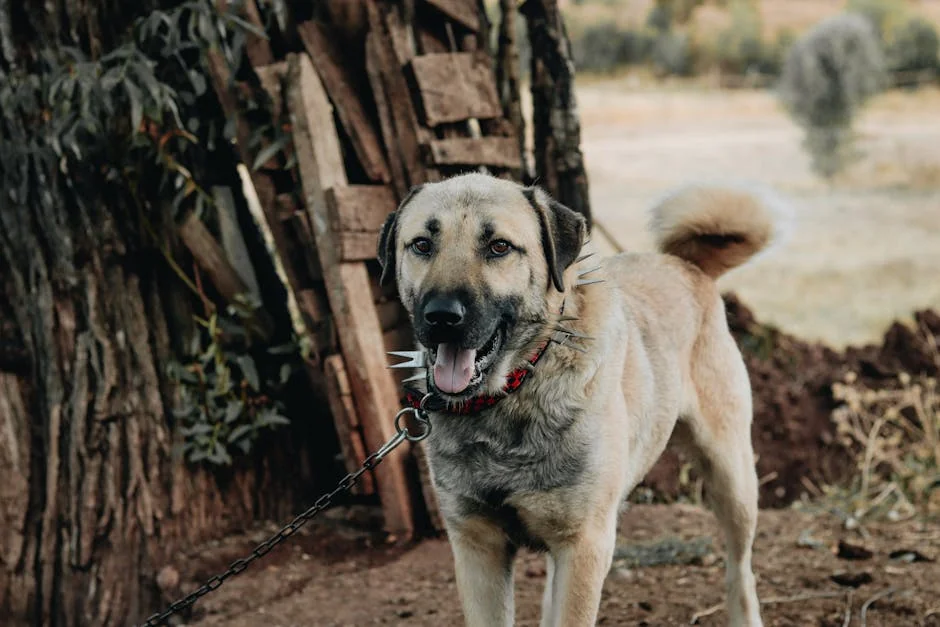 A Kangal shepherd dog with a spiked collar standing in a rustic yard setting. - country dog names