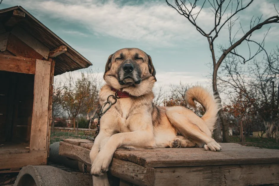 Kangal shepherd dog relaxing in a rural setting beside a wooden house. Calm, tranquil scene. - country dog names