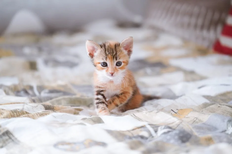 Cute kitten sitting on a patterned bedspread. Perfect for pet lovers. - cute girl cat names
