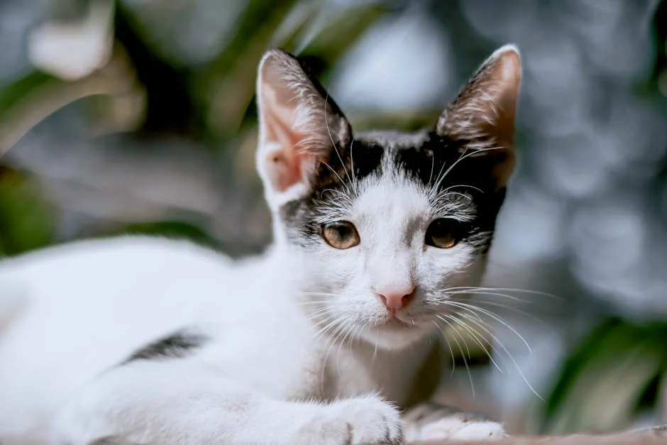 Close-up of a black and white cat lounging outdoors with blurred foliage background. - cute girl cat names