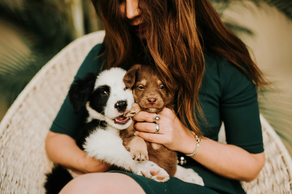 woman in black tank top holding black and white short coated small dog - cute girl puppy names starting with s