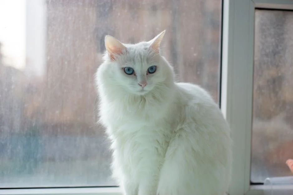 A fluffy white cat with striking blue eyes sits gracefully by a window. - elegant names for long haired cats