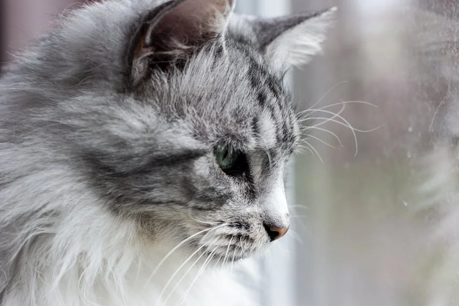 Intimate portrait of a majestic fluffy gray Maine Coon cat gazing out a window. - gemstone names for cats
