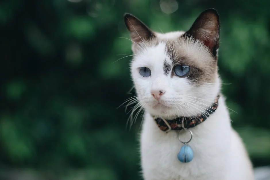 A beautiful grey and white cat with blue eyes, wearing a collar, sits in a lush garden in Bali. - gemstone names for cats