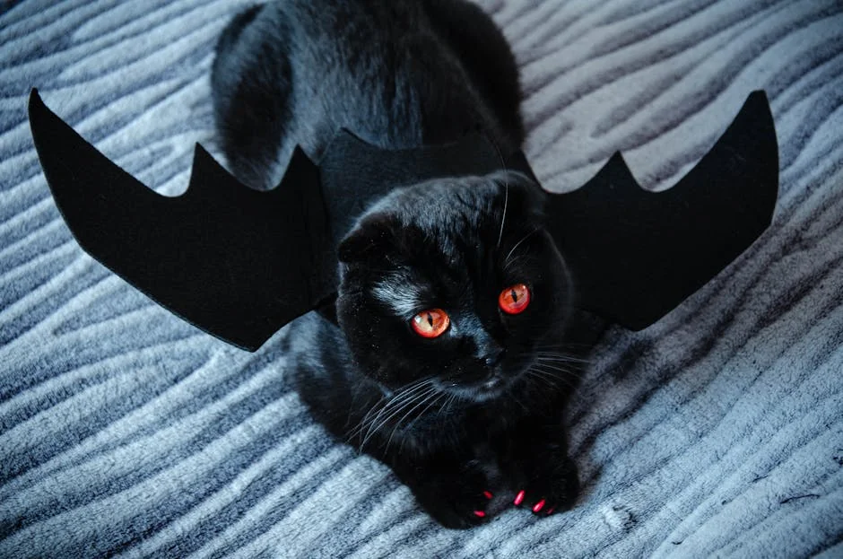 Cute black cat wearing bat wings costume, lying on a patterned rug. Perfect for Halloween themes. - gothic pet names