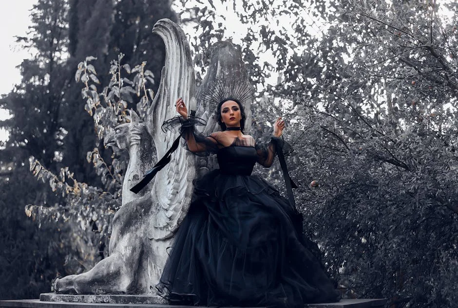 A dramatic portrait of a woman in a black gown with a regal and cinematic style set against a stone sculpture. - gothic pet names