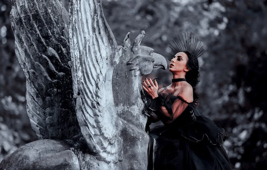 A dramatic gothic portrait featuring a woman in black attire with a stone griffin, exuding elegance and mystery. - gothic pet names