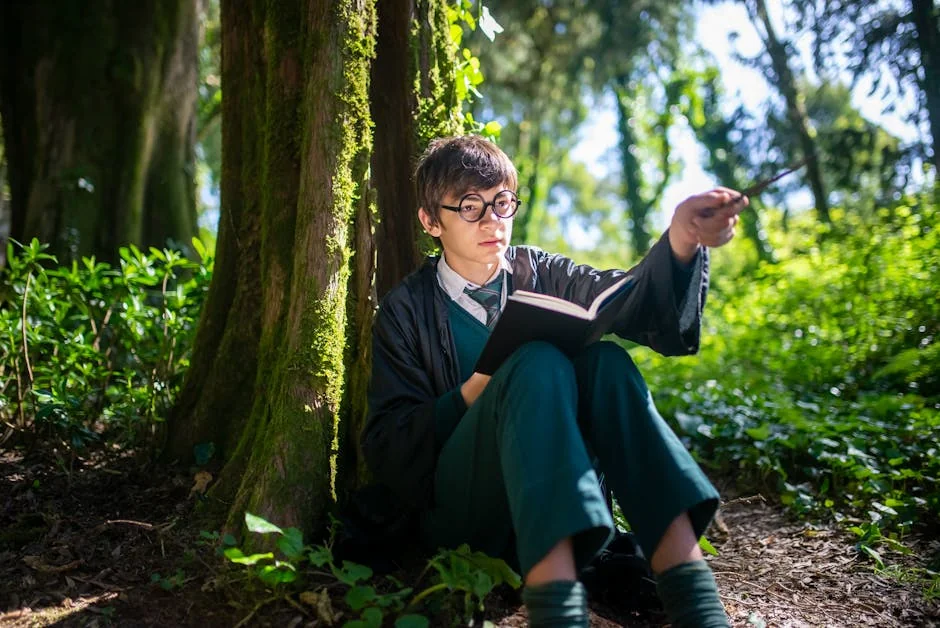A young person in a wizard costume reading under a tree, evoking fantasy and adventure. - harry potter dog names