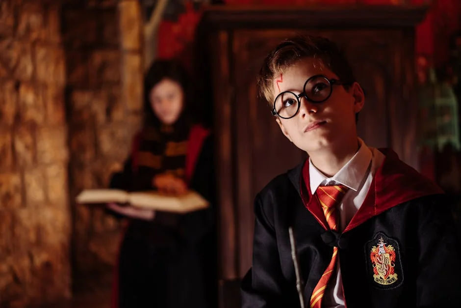 Young boy dressed as a wizard with a wand, engaging in fantasy role-play indoors. - harry potter dog names