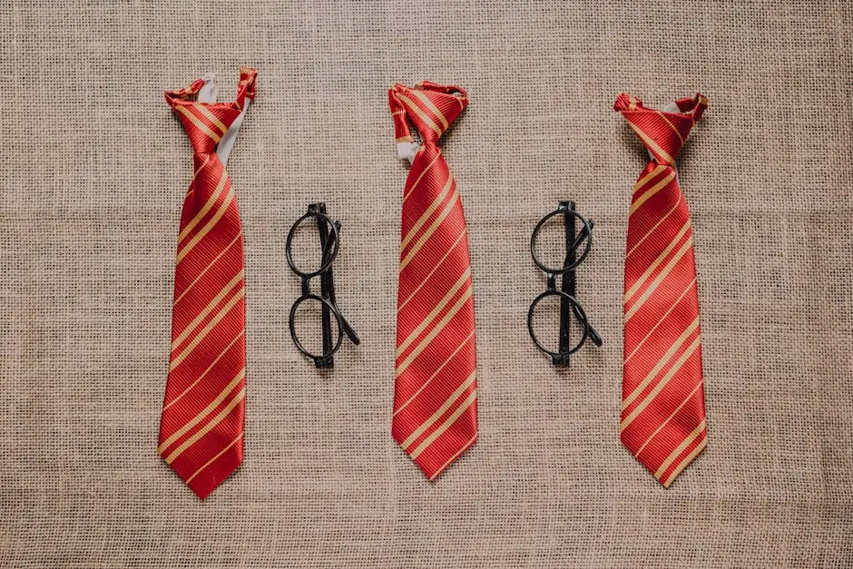 Three striped red ties and black eyeglasses on a textured burlap surface, evoking a wizard theme. - harry potter dog names