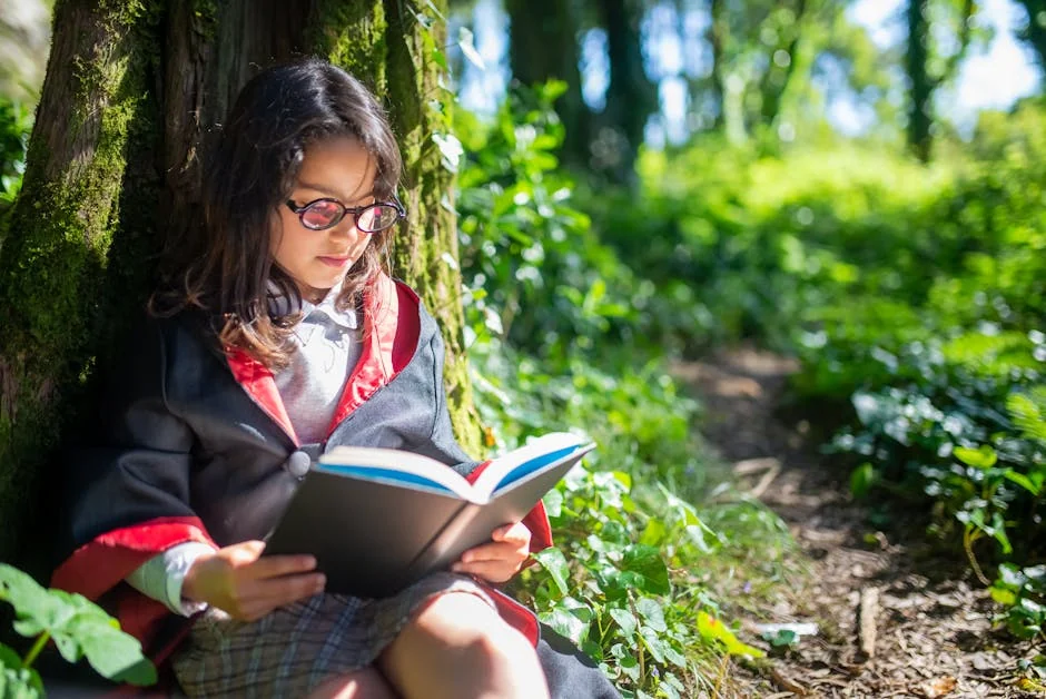 A young girl role-plays as a wizard reading in a sunlit forest. Bright and conceptually engaging. - harry potter dog names