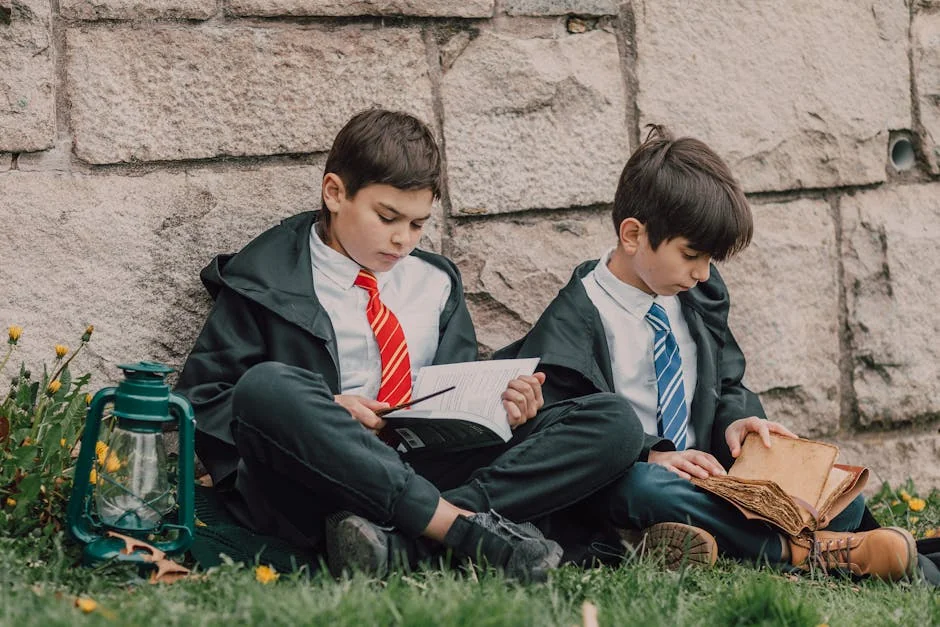 Two boys in wizard costumes reading books outdoors near a stone wall. - harry potter dog names