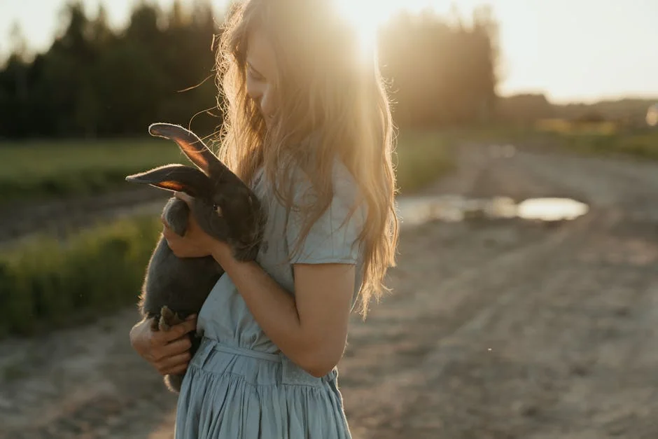 A young girl lovingly holds a rabbit outdoors at sunset, surrounded by picturesque farmland. - nature inspired pet names for girls