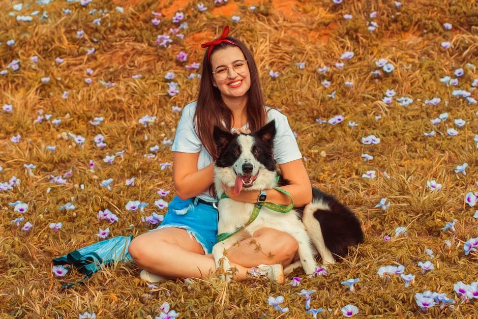 Woman and border collie enjoying a sunny day in a flower-filled field. - nature inspired pet names for girls
