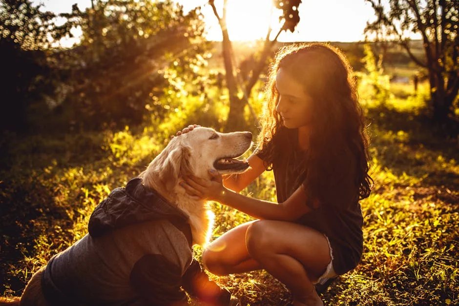 A young girl pets a golden retriever in a sunlit field, capturing a warm and candid moment. - nature inspired pet names for girls
