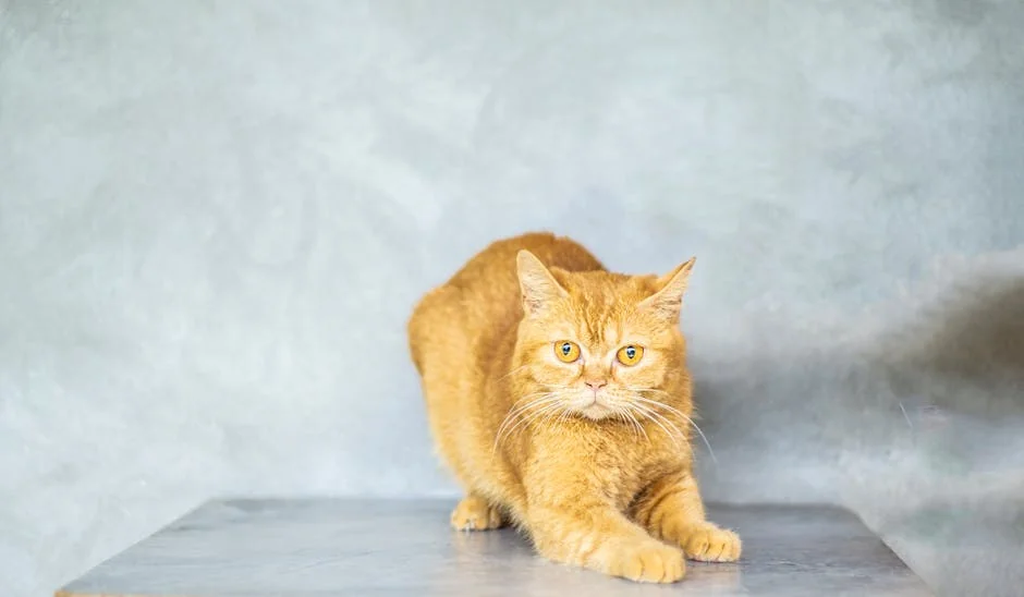 Furry pet with long whiskers and yellow eyes stretching fat paws on gray background - orange tabby cat names funny
