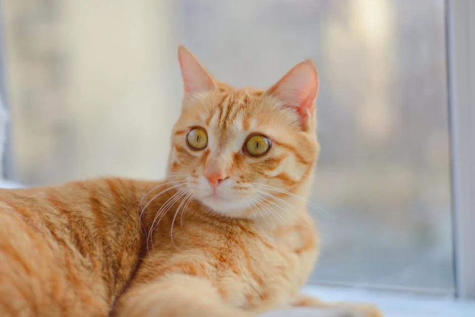 An orange tabby cat curiously gazes outside while lying comfortably by a window indoors. - orange tabby cat names funny