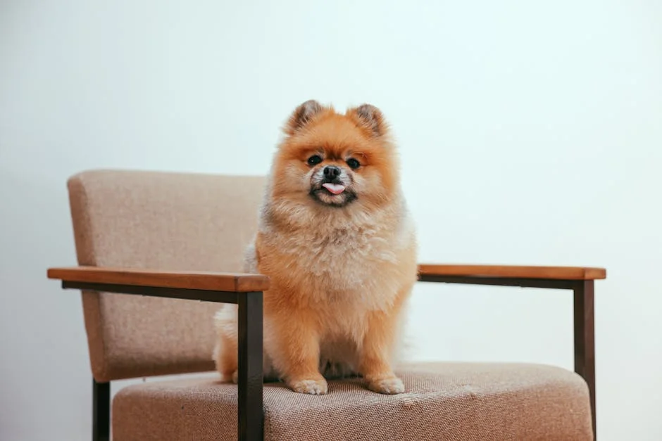 Cute Pomeranian dog sitting happily on an armchair inside a home. - royal dog names