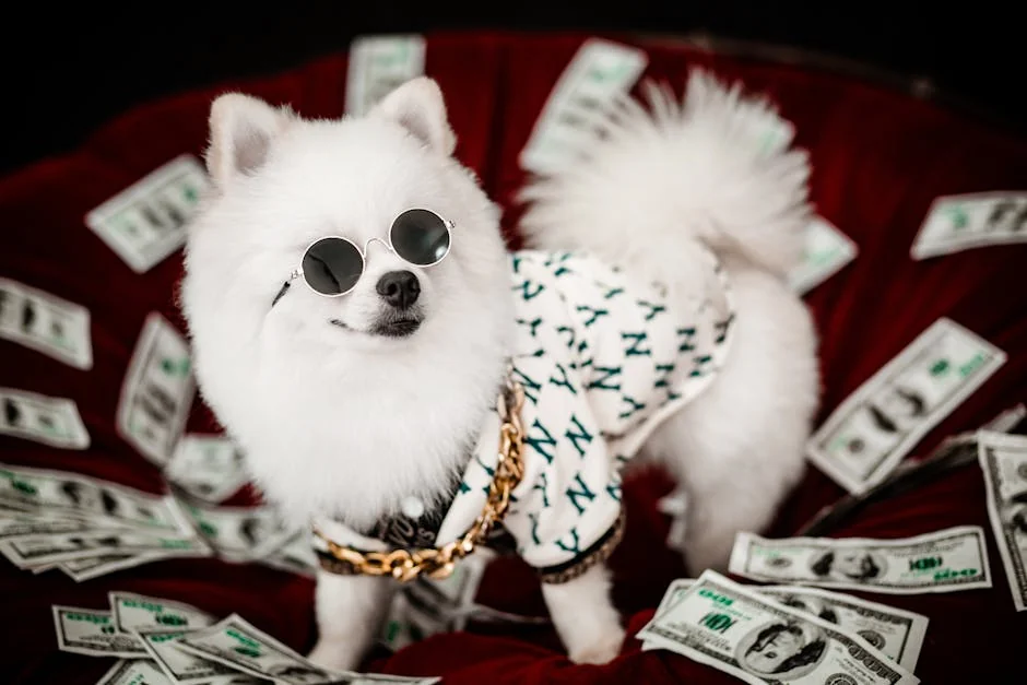 A stylish white Pomeranian wearing sunglasses and a chain amidst dollar bills. - royal dog names