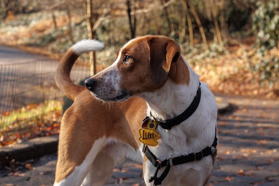 A cute dog with a name tag stands on a leaf-covered path in an autumn park. - short dog names