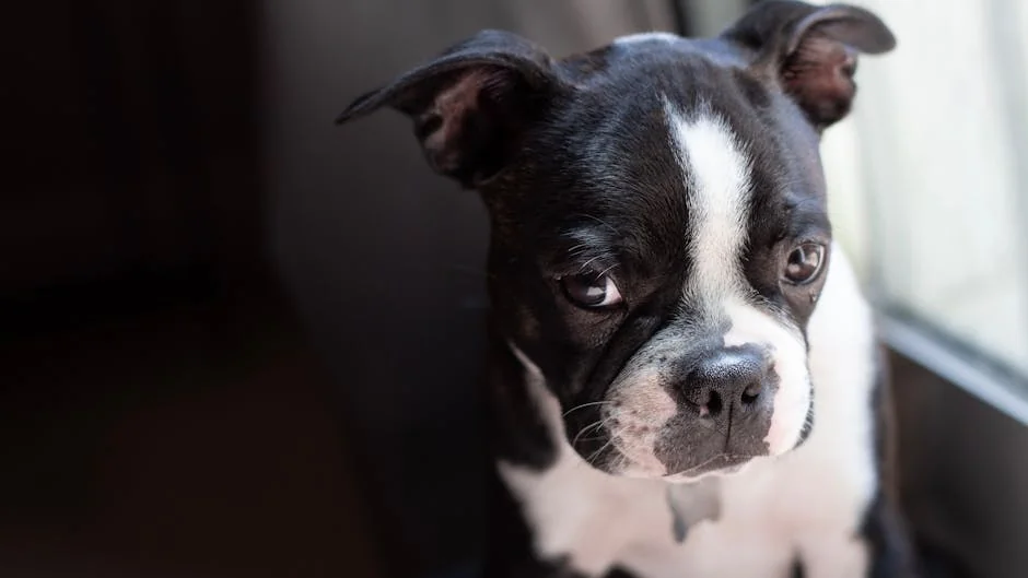 Close-up of a Boston Terrier dog with a curious expression sitting by a window. - short dog names