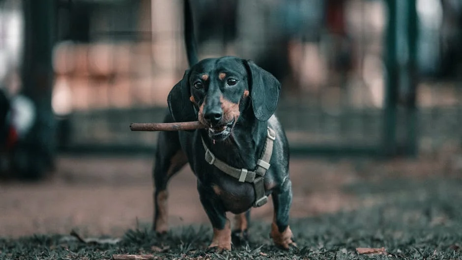 A dachshund dog holds a stick in its mouth outdoors, filled with playful energy. - short dog names