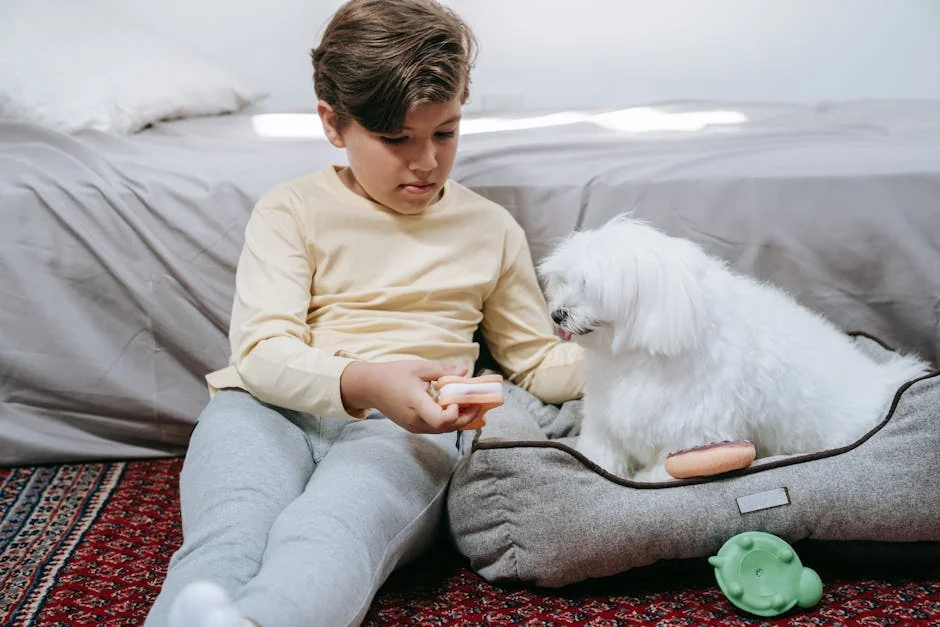 A young boy sits on carpet with his dog, engaging in play with toys indoors. - small dog names boy