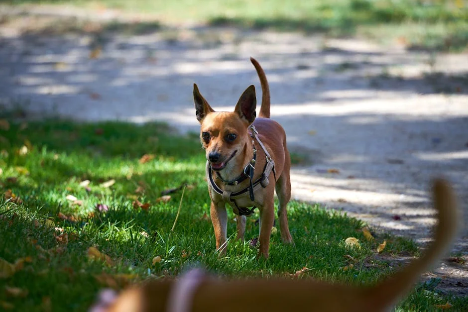 A Chihuahua dog in a harness standing on a sunny grassy path with a blurred background. - spanish pet names