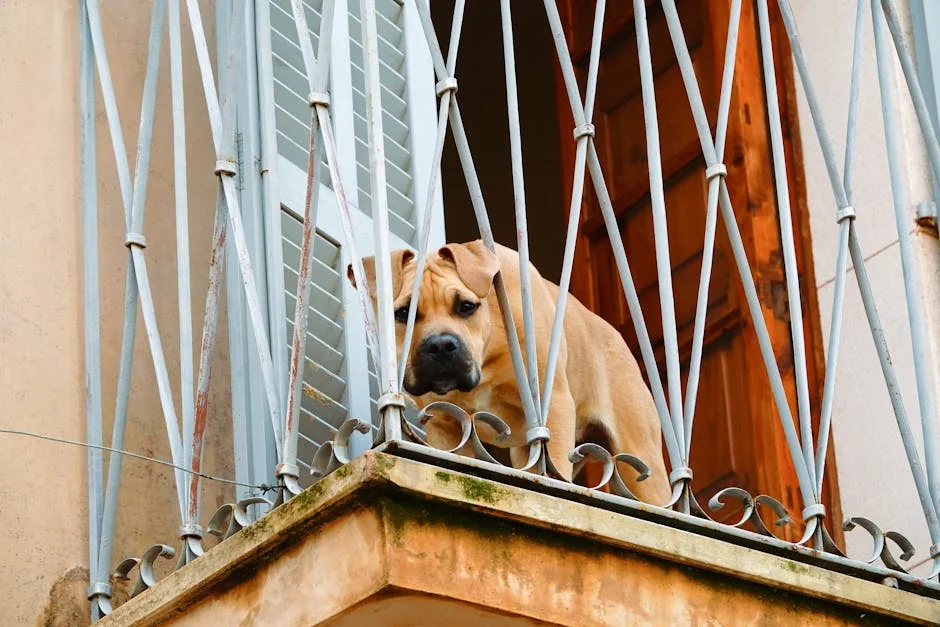 Dog peering through an ornate balcony in Sant Llorenç des Cardassar, Spain. - spanish pet names