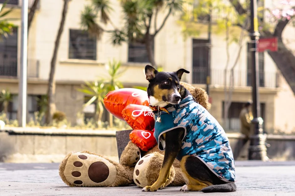 Cute dog in Ciudad de México sits with teddy bear and balloons in park setting. Perfect for Valentine's Day themes. - spanish pet names