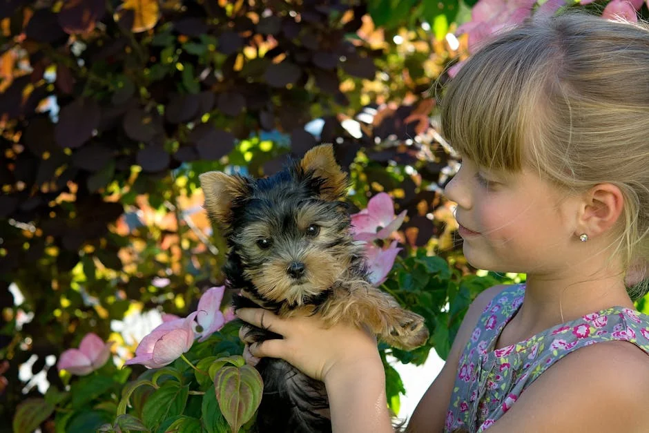 A young girl lovingly holds a Yorkshire Terrier puppy amidst vibrant garden blooms. - spunky girl puppy names