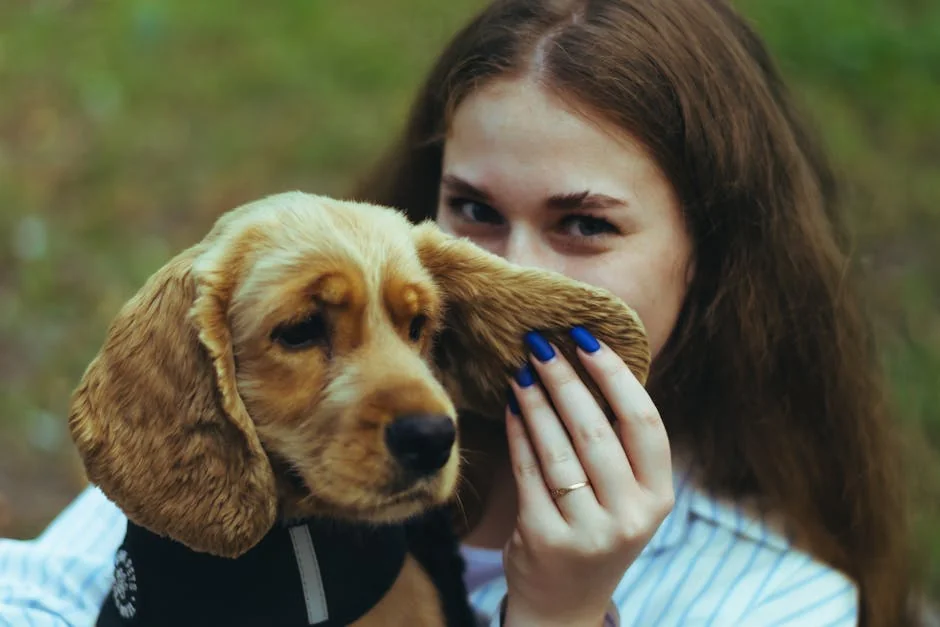 Young woman playfully holding her Cocker Spaniel puppy's ears outdoors. - spunky girl puppy names