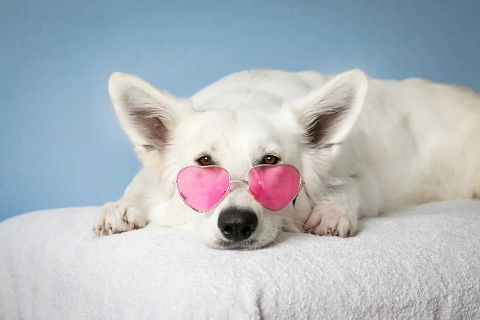 Adorable white dog wearing pink heart sunglasses on a soft surface against a blue background. - unique male dog names with meaning